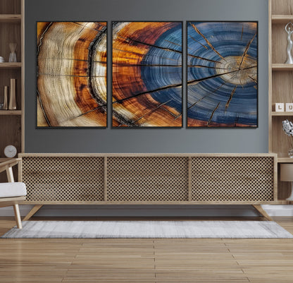 18032999-MGV-FC-60X30-3P_Black-Tree Ring Wall Art – Blue Brown Abstract Wood Slice Canvas Print, Rustic Modern Nature Decor for Living Room, Office, Bedroom or