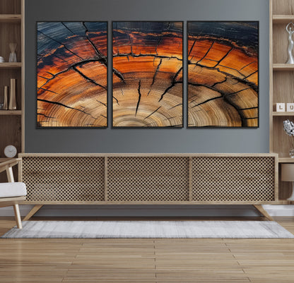 65909987-MGV-FC-60X30-3P_Black-Rustic Tree Ring Wall Art – Nature Inspired Wooden Texture Canvas Print, Modern Abstract Artwork for Living Room, Bedroom, Office