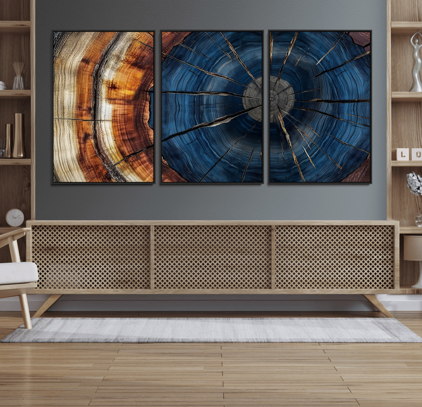 60099360-MGV-CV-36X24-Blue Tree Ring Wall Art – Rustic Wood Grain Canvas Print, Modern Abstract Artwork with Natural Texture for Living Room, Bedroom,