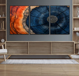 26110607-MGV-FC-60X30-3P_Black-Blue and Orange Tree Ring Wall Art – Abstract Wood Cross Section Canvas Print, Modern Rustic Nature Decor for Living Room, Office,