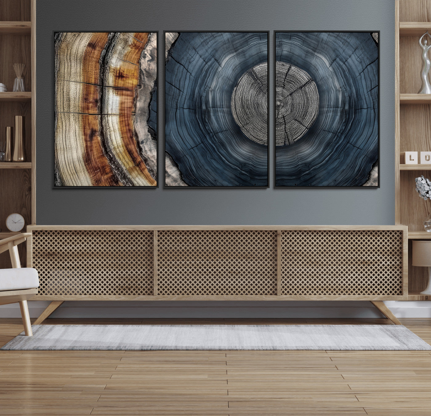 91368647-MGV-FC-60X30-3P_Black-Smoky Blue Tree Ring Wall Art – Rustic Wood Cross Section Canvas Print, Modern Nature Inspired Decor for Living Room, Office, or