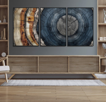 91368647-MGV-FC-60X30-3P_Black-Smoky Blue Tree Ring Wall Art – Rustic Wood Cross Section Canvas Print, Modern Nature Inspired Decor for Living Room, Office, or