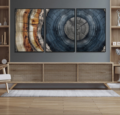 91368647-MGV-FC-60X30-3P_Black-Smoky Blue Tree Ring Wall Art – Rustic Wood Cross Section Canvas Print, Modern Nature Inspired Decor for Living Room, Office, or