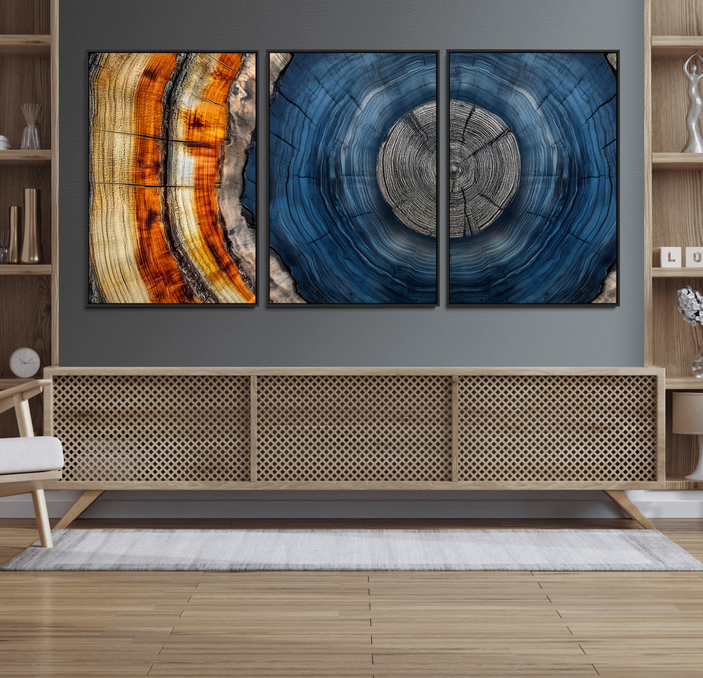 84489410-MGV-FC-60X30-3P_Black-Framed Abstract Tree Ring Wall Art Print, Natural Rustic Wood Texture Canvas Print, Wood Tree Stump Farmhouse, Log Cabin Wooden