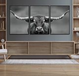 81228550-MGV-CV-36X24-Framed Texas Longhorn Bull Art Canvas Print, Western Bull Wall Art Print, Long Horn Bull Photo Print for Log Cabin, Large Bull