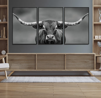 81228550-MGV-CV-36X24-Framed Texas Longhorn Bull Art Canvas Print, Western Bull Wall Art Print, Long Horn Bull Photo Print for Log Cabin, Large Bull
