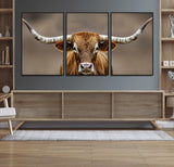 12179171-MGV-CV-36X24-Texas Longhorn Wall Art Canvas Print, Framed Brown Bull Art Picture Print, Lone Cattle Perfect Rustic Western Decor Artwork