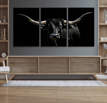 37531960-MGV-FC-60X30-3P_Black-Black Longhorn Bull Wall Art – Dramatic Western Cattle Canvas Print, Rustic Farmhouse Animal Artwork for Living Room, Bedroom,