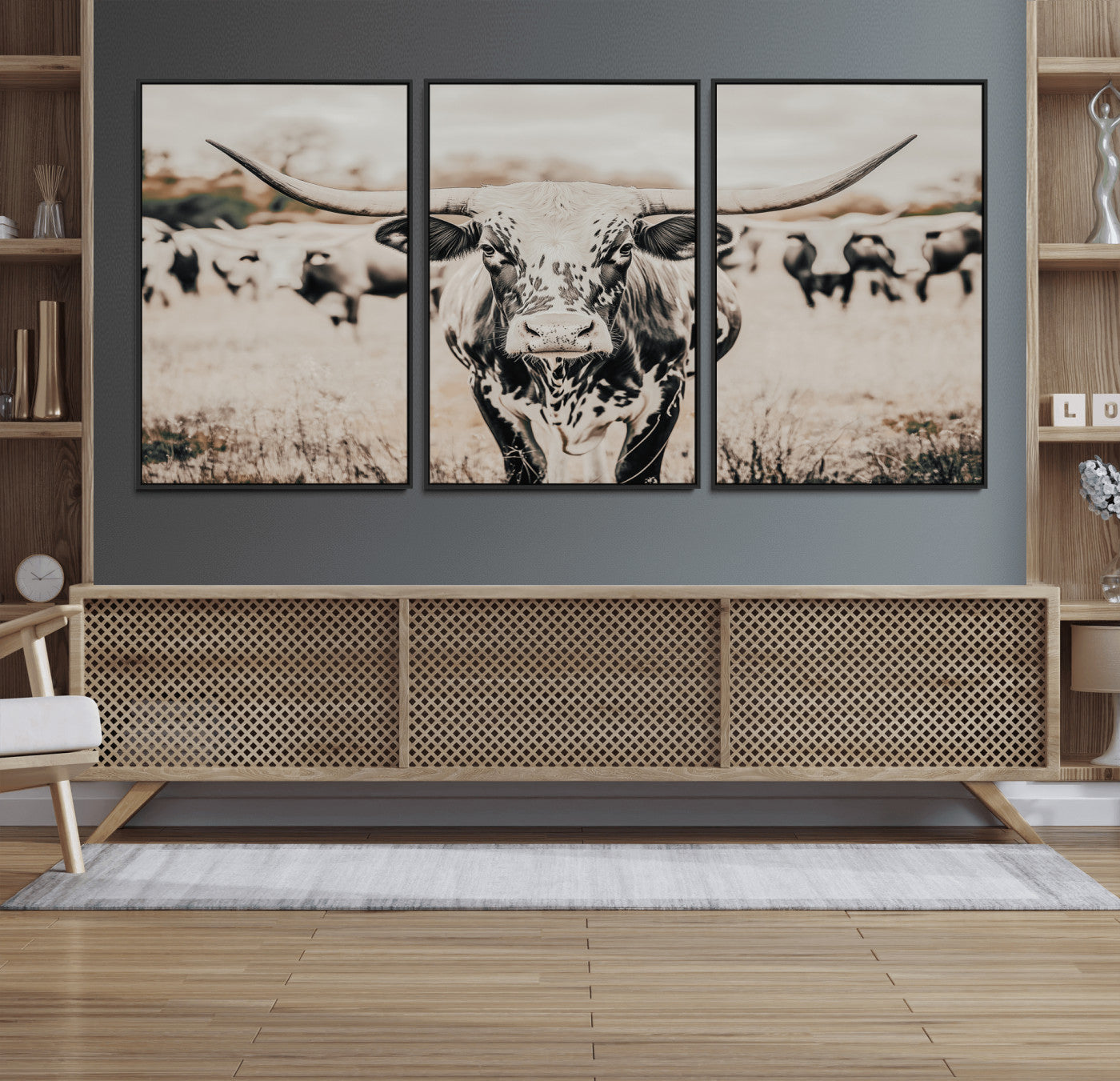 27497342-MGV-CV-36X24-Texas Longhorn Wall Art Canvas Print, Framed Speckled Cow Art Picture Print, Horned Cattle Perfect Rustic Western Decor Artwork