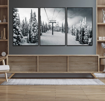 31156828-MGV-FC-60X30-3P_Black-Snowy Pines Wall Art Canvas Print, Framed Ski Lift Art Picture Print, Winter Forest Perfect Moody Lodge Decor Artwork