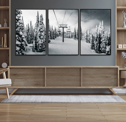 31156828-MGV-CV-36X24-Snowy Pines Wall Art Canvas Print, Framed Ski Lift Art Picture Print, Winter Forest Perfect Moody Lodge Decor Artwork