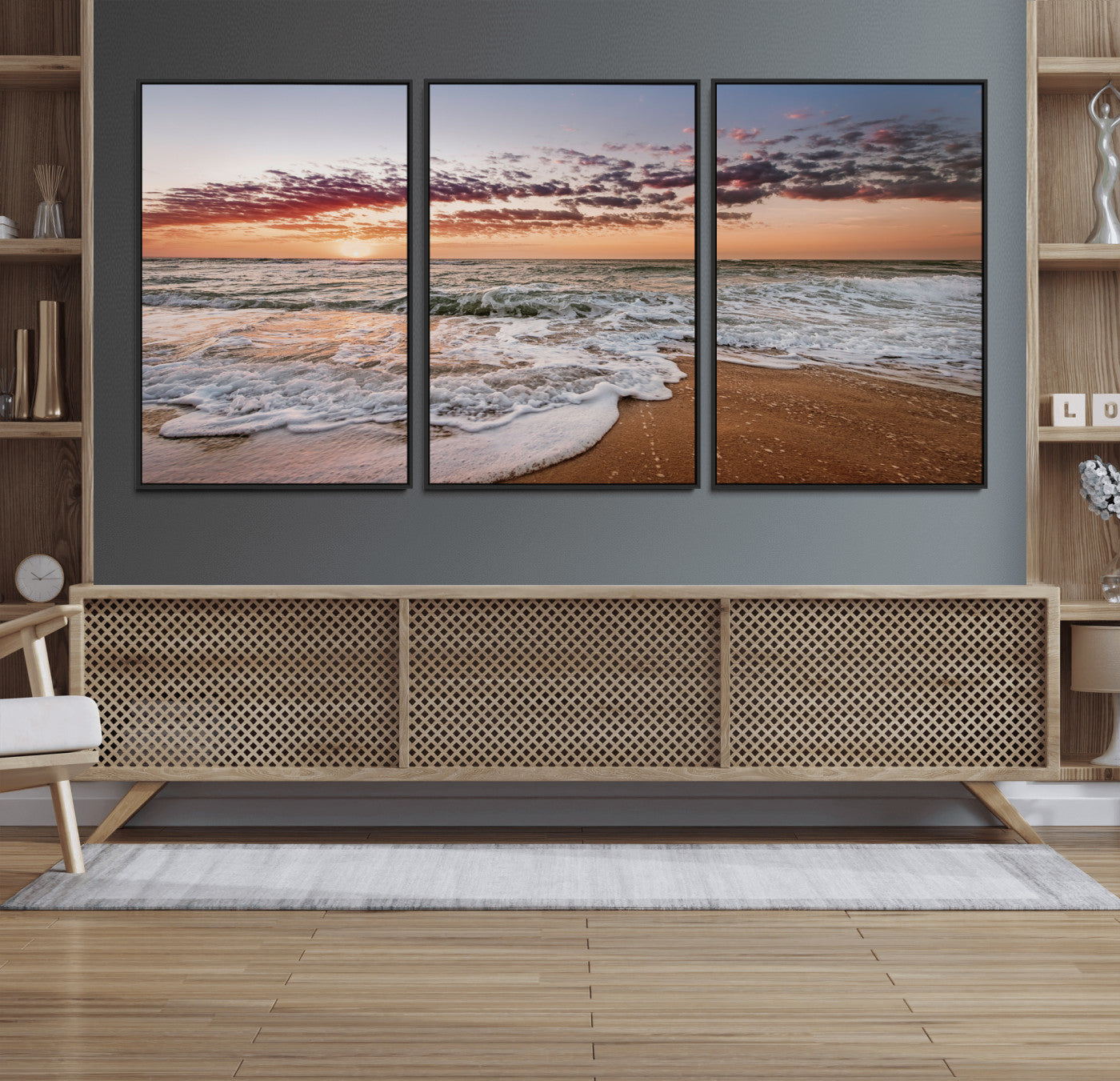 39846389-MGV-CV-36X24-Ocean Sunset Wall Art Canvas Print, Framed Sandy Shore Art Picture Print, Gentle Waves Perfect Minimalist Coastal Decor Artwork