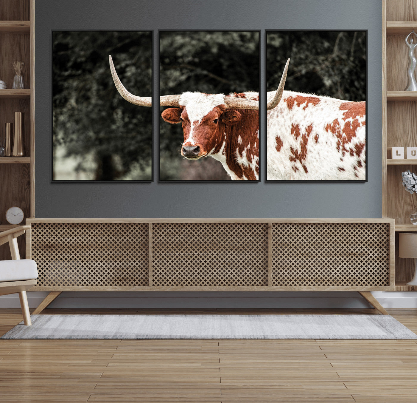 54027638-MGV-FC-60X30-3P_Black-Texas Longhorn Wall Art Canvas Print, Framed Spotted Cow Art Picture Print, Horned Bull Perfect Rustic Western Decor Artwork