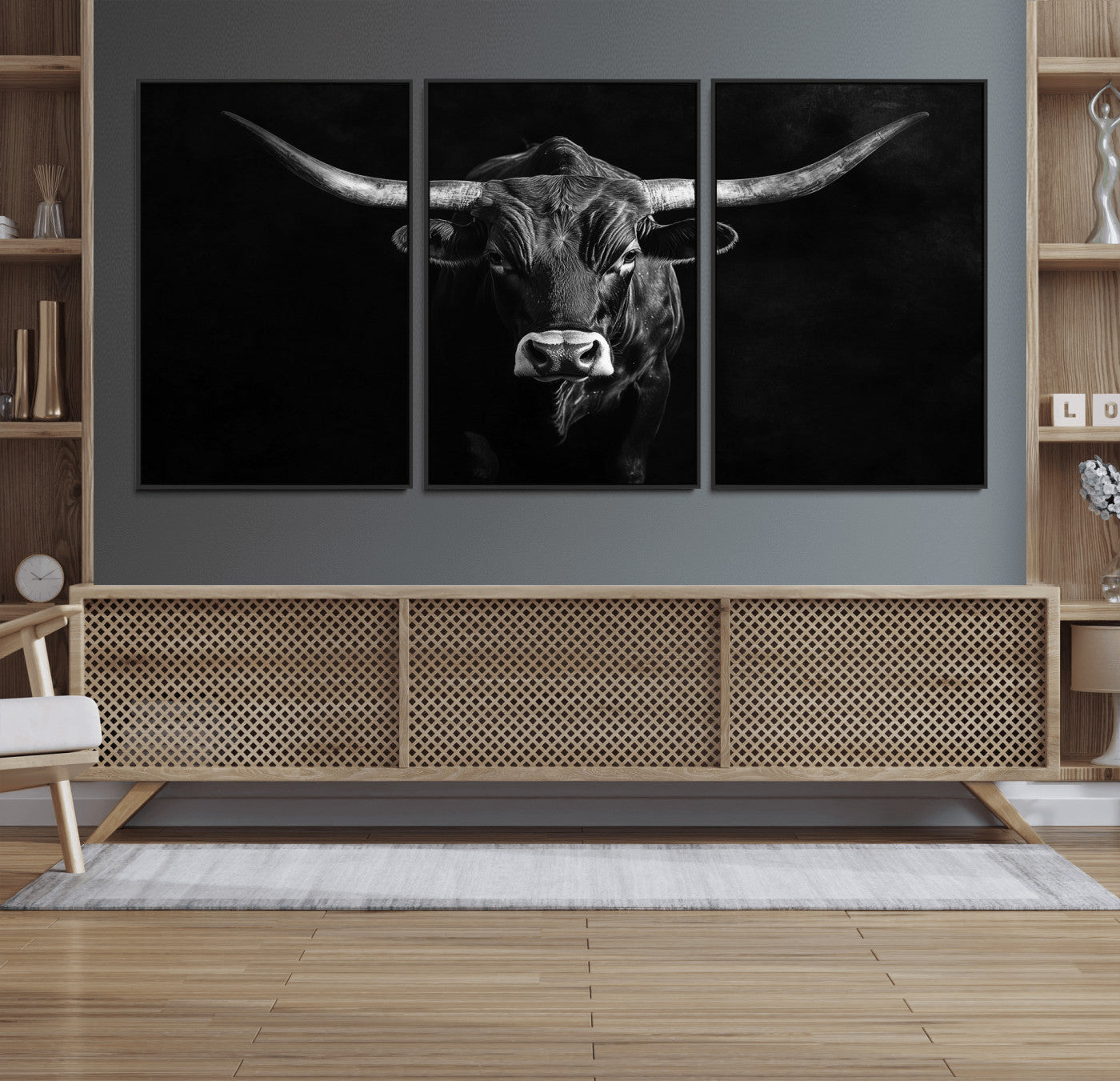 42077175-MGV-FC-60X30-3P_Black-Texas Longhorn Wall Art Canvas Print, Framed Monochrome Bull Art Picture Print, Horned Bull Perfect Rustic Western Decor Artwork