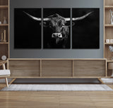 42077175-MGV-FC-60X30-3P_Black-Texas Longhorn Wall Art Canvas Print, Framed Monochrome Bull Art Picture Print, Horned Bull Perfect Rustic Western Decor Artwork