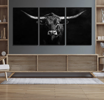 42077175-MGV-FC-60X30-3P_Black-Texas Longhorn Wall Art Canvas Print, Framed Monochrome Bull Art Picture Print, Horned Bull Perfect Rustic Western Decor Artwork
