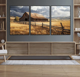 38758826-MGV-FC-60X30-3P_Black-Rustic Barn Wall Art Canvas Print, Framed Moody Barn Art Picture Print, Golden Field Perfect Rustic Farmhouse Decor Artwork