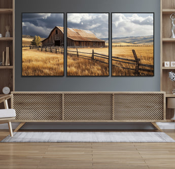 38758826-MGV-FC-60X30-3P_Black-Rustic Barn Wall Art Canvas Print, Framed Moody Barn Art Picture Print, Golden Field Perfect Rustic Farmhouse Decor Artwork