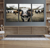 79025945-MGV-CV-36X24-Texas Longhorn Wall Art Canvas Print, Framed Speckled Cow Art Picture Print, Horned Cattle Perfect Rustic Western Decor Artwork