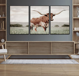 28309012-MGV-FC-60X30-3P_Black-Texas Longhorn Wall Art Canvas Print, Framed Spotted Cattle Art Picture Print, Horned Bull Perfect Rustic Western Decor Artwork