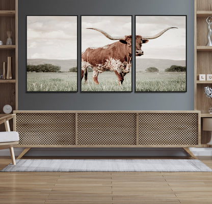 28309012-MGV-FC-60X30-3P_Black-Texas Longhorn Wall Art Canvas Print, Framed Spotted Cattle Art Picture Print, Horned Bull Perfect Rustic Western Decor Artwork