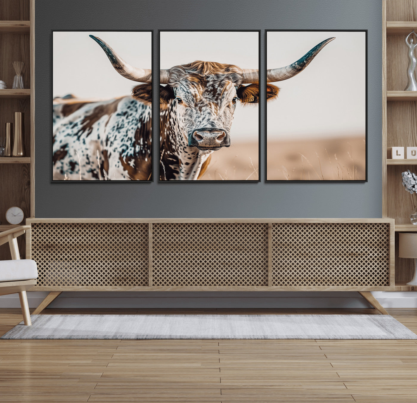 70414966-MGV-FC-60X30-3P_Black-Texas Longhorn Wall Art Canvas Print, Framed Speckled Cow Art Picture Print, Horned Bull Perfect Rustic Western Decor Artwork
