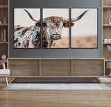 70414966-MGV-FC-60X30-3P_Black-Texas Longhorn Wall Art Canvas Print, Framed Speckled Cow Art Picture Print, Horned Bull Perfect Rustic Western Decor Artwork