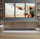 72766375-MGV-FC-60X30-3P_Black-Texas Longhorn Wall Art Canvas Print, Framed Spotted Cow Art Picture Print, Horned Cattle Perfect Rustic Western Decor Artwork