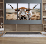76294381-MGV-CV-36X24-Texas Longhorn Wall Art Canvas Print, Framed Spotted Cow Art Picture Print, Horned Cattle Perfect Rustic Western Decor Artwork