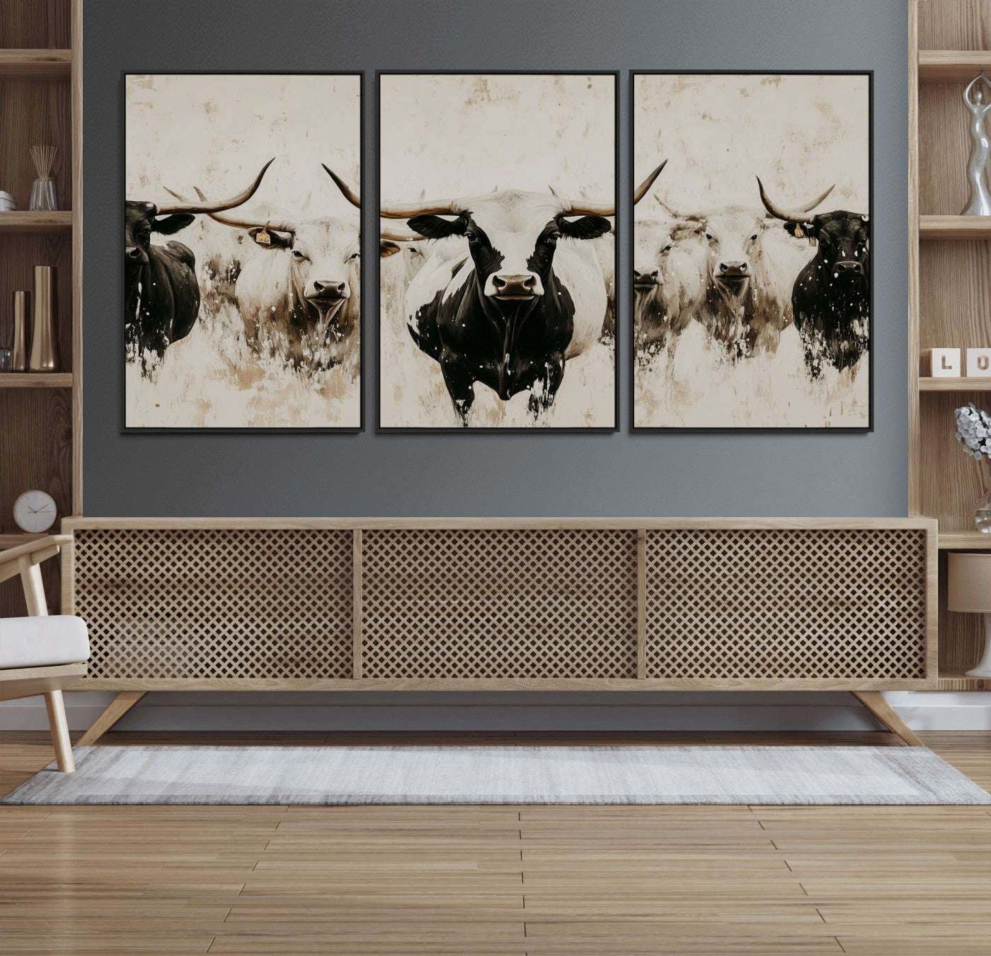 12027562-MGV-FC-60X30-3P_Black-Longhorn Cattle Wall Art Canvas Print, Framed Bison Herd Art Picture Print, Cattle Group Perfect Rustic Farmhouse Decor Artwork