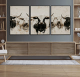 12027562-MGV-FC-60X30-3P_Black-Longhorn Cattle Wall Art Canvas Print, Framed Bison Herd Art Picture Print, Cattle Group Perfect Rustic Farmhouse Decor Artwork