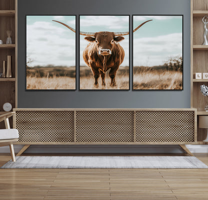 39350715-MGV-FC-60X30-3P_Black-Texas Longhorn Wall Art Canvas Print, Framed Longhorn Cow Art Picture Print, Western Cattle Perfect Rustic Western Decor Artwork