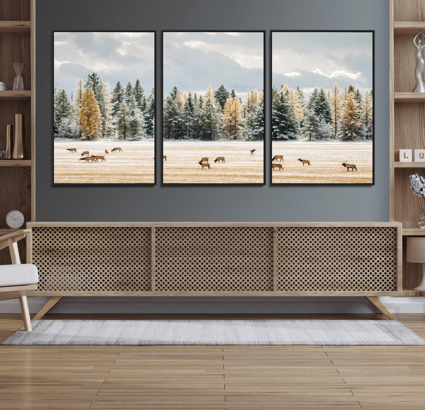 64188182-MGV-FC-60X30-3P_Black-Elk Herd Wall Art Canvas Print, Framed Snowy Forest Art Picture Print, Forest Elks Perfect Neutral Rustic Decor Artwork