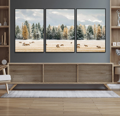 64188182-MGV-FC-60X30-3P_Black-Elk Herd Wall Art Canvas Print, Framed Snowy Forest Art Picture Print, Forest Elks Perfect Neutral Rustic Decor Artwork
