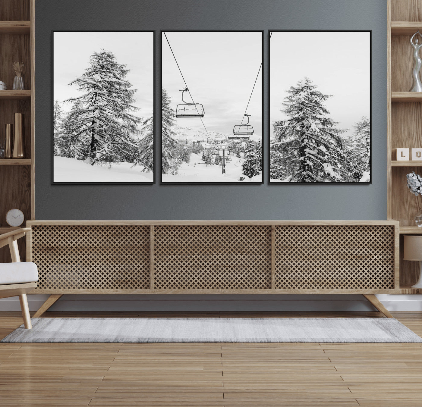 55003599-MGV-FC-60X30-3P_Black-Snowy Ski Lift Wall Art Canvas Print, Framed Winter Forest Art Picture Print, Ski lift Ride Perfect Winter Lodge Decor Artwork