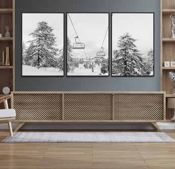 55003599-MGV-FC-60X30-3P_Black-Snowy Ski Lift Wall Art Canvas Print, Framed Winter Forest Art Picture Print, Ski lift Ride Perfect Winter Lodge Decor Artwork