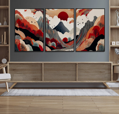 59495752-MGV-FC-60X30-3P_Black-Abstract Mountain Wall Art Canvas Print, Framed Vibrant Landscape Art Picture Print, Nature Drawing Perfect Contemporary