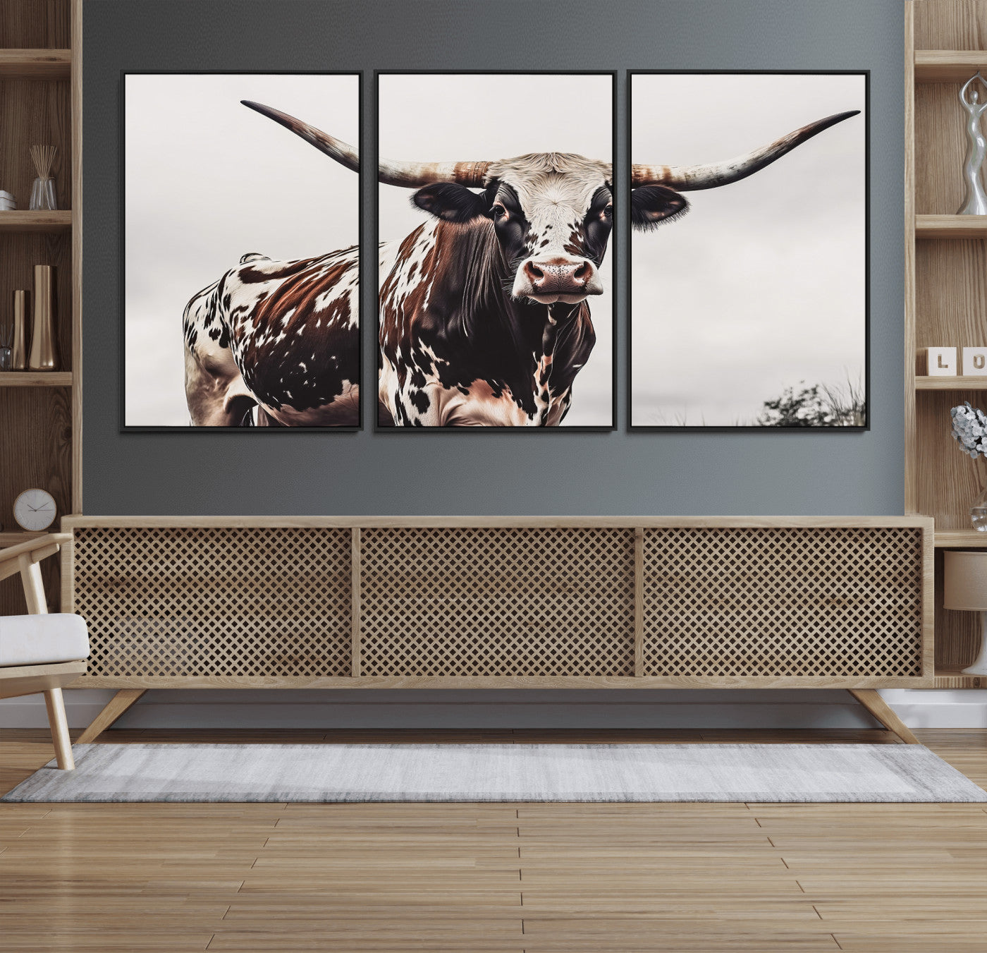 95249234-MGV-FC-60X30-3P_Black-Texas Longhorn Wall Art Canvas Print, Framed Spotted Bull Art Picture Print, Horned Cattle Perfect Rustic Farmhouse Decor Artwork