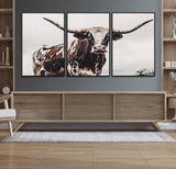 95249234-MGV-FC-60X30-3P_Black-Texas Longhorn Wall Art Canvas Print, Framed Spotted Bull Art Picture Print, Horned Cattle Perfect Rustic Farmhouse Decor Artwork