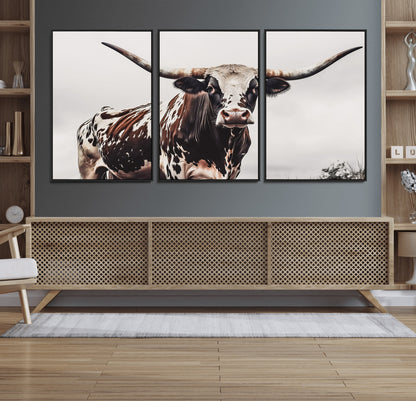 95249234-MGV-FC-60X30-3P_Black-Texas Longhorn Wall Art Canvas Print, Framed Spotted Bull Art Picture Print, Horned Cattle Perfect Rustic Farmhouse Decor Artwork