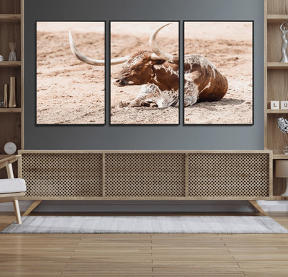 91248682-MGV-FC-60X30-3P_Black-Texas Longhorn Wall Art Canvas Print, Framed Resting Bull Art Picture Print, Spotted Cattle Perfect Rustic Western Decor Artwork