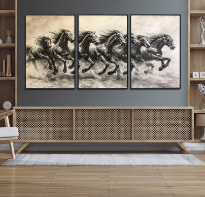 56089591-MGV-FC-60X30-3P_Black-Galloping Horses Wall Art Canvas Print, Framed Wild Stallions Art Picture Print, Horse Herd Sketch Perfect Monochrome Dynamic