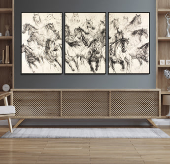 19433417-MGV-CV-36X24-Running Horses Wall Art Canvas Print, Framed Horse Sketch Art Picture Print, Galloping Herd Perfect Monochrome Western Decor