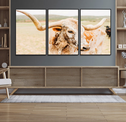 21060648-MGV-FC-60X30-3P_Black-Texas Longhorn Wall Art Canvas Print, Framed Speckled Cow Art Picture Print, Rustic Bull Perfect Rustic Western Decor Artwork