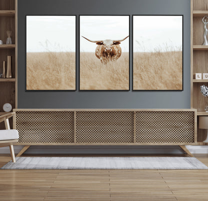 20927060-MGV-CV-36X24-Texas Longhorn Wall Art Canvas Print, Framed Lone Cattle Art Picture Print, Longhorn Bull Perfect Rustic Western Decor Artwork