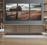 73898372-MGV-CV-36X24-Rustic Barn Wall Art Canvas Print, Framed Moody Field Art Picture Print, Weathered Fence Perfect Moody Farmhouse Decor Artwork