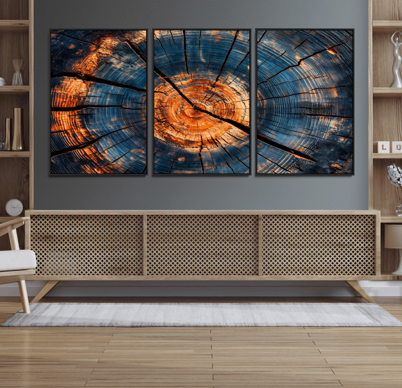 81894502-MGV-FC-60X30-3P_Black-Burnt Wood Wall Art Canvas Print, Framed Aged Timber Art Picture Print, Rustic Tree Slice Perfect Rustic Decor Artwork for Home,