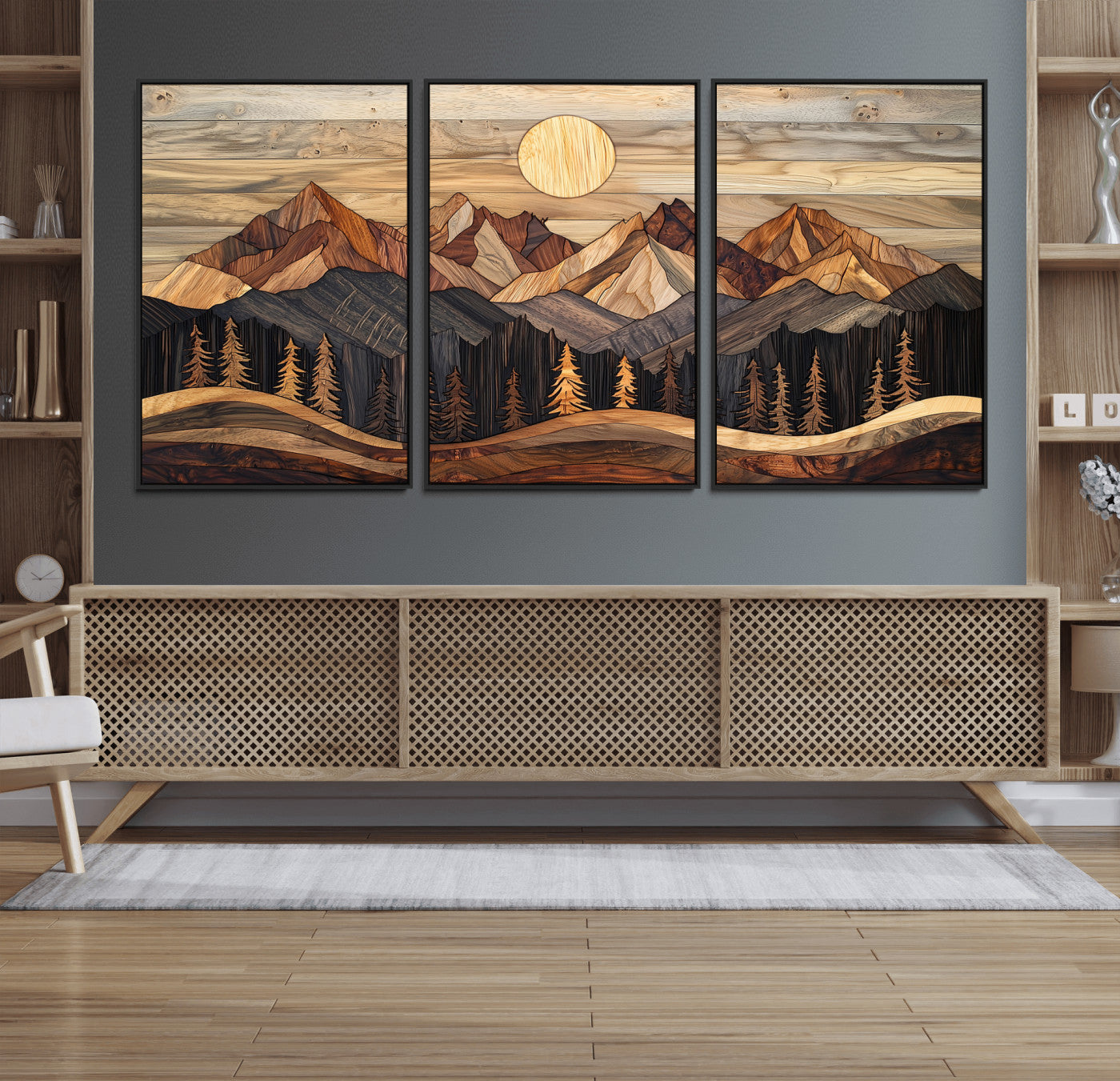 50100230-MGV-CV-36X24-Wooden Mountain Wall Art – Rustic Nature Landscape Canvas Print, Handmade Style Sun, Forest, and Peaks Artwork for Living Room,