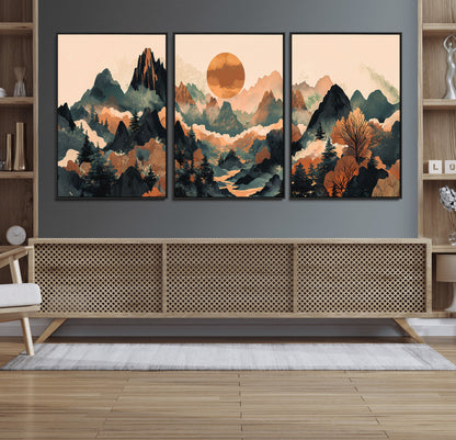 13012770-MGV-FC-60X30-3P_Black-Mountain Landscape Wall Art – Modern Nature Canvas Print with Sun, Misty Peaks, and Forest in Orange and Green Tones for Living