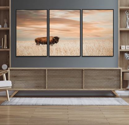 87282289-MGV-FC-60X30-3P_Black-Bison Wall Art Canvas Print, Framed Buffalo Art Picture Print, Western Prairie Perfect Rustic Decor Artwork